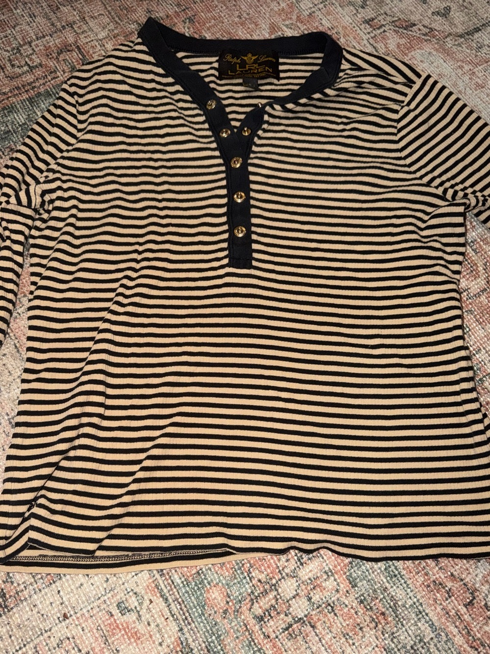 Vintage Y2K Ralph Lauren Striped Henley Top 3/4 Sleeve Shirt Sz L Black Label